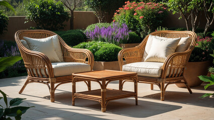 Two wicker chairs and a table create a peaceful outdoor seating area within a lush garden scene.