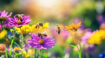 Honeybees collecting nectar from vibrant flowers in an eco-garden, 
