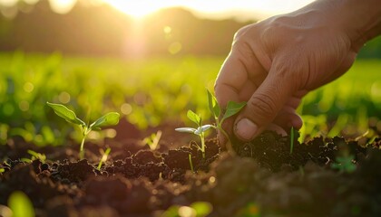 Fototapeta premium Hand carefully planting young seedlings in fertile soil at sunset agriculture investment