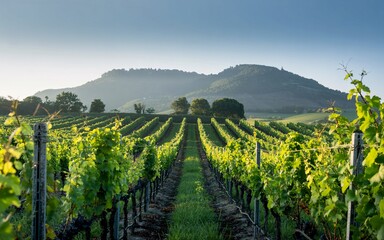 Fototapeta premium Provence, France Countryside & Vineyards, Vineyard Rows Sunrise Mountain