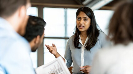 beautiful Indian Female Leader Explaining Charts During Strategy Meeting

