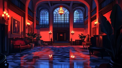 Grand, ornate interior hallway, dimly lit.