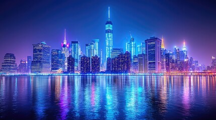 Obraz premium Illuminated city skyscrapers reflected in the tranquil waterfront waters at night