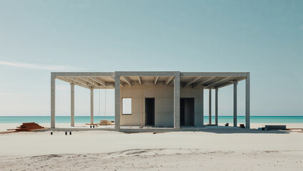 An unfinished concrete building stands on a sandy beach with the sea on the background, under a clear blue sky.