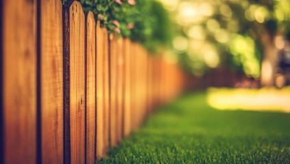 Wooden fence bordering a lush green lawn.  A tranquil garden scene