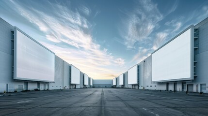 Obraz premium Urban Landscape of Empty Billboards in Industrial Warehouses with Vibrant Skyline.