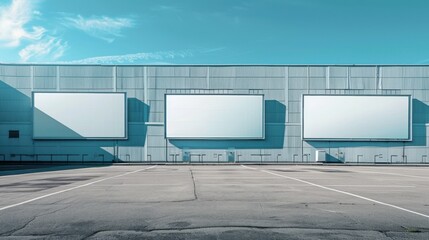 Obraz premium Urban Landscape with Empty Billboards on Industrial Warehouses Under Vibrant Sky