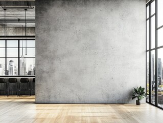 Modern loft interior with exposed concrete wall, large windows offering city view, and hardwood floor