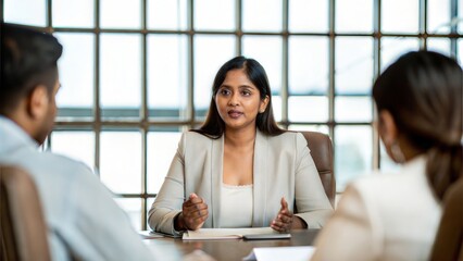 Fototapeta premium Indian Woman Leading Formal Business Discussion in Glass-Walled Meeting Room 