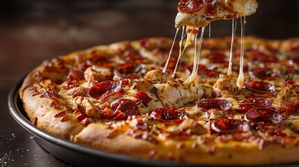Pizza with melted mozzarella cheese and pepperoni.  A close-up view of a large pizza with chicken, pepperoni, and a generous amount of melted cheese being pulled off