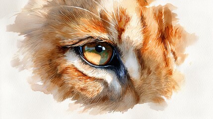 Detailed lion eye in watercolor with mane barely suggested around it, soft focus painting with artistic simplicity and wide margin space