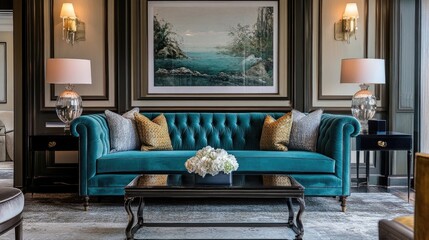 Teal velvet loveseat in a decorated interior