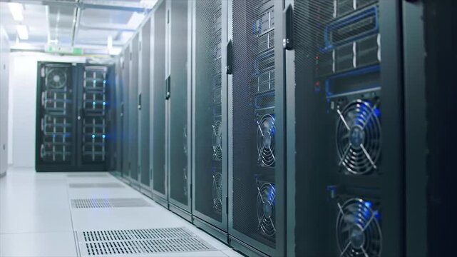 Inside a high-tech data center with rows of server racks and glowing LEDs, modern server room infrastructure