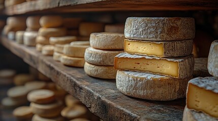 Cheese wheels stacked on wooden shelves in a storage or aging room.