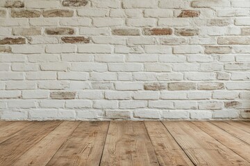 Empty room with white brick wall and wooden floor