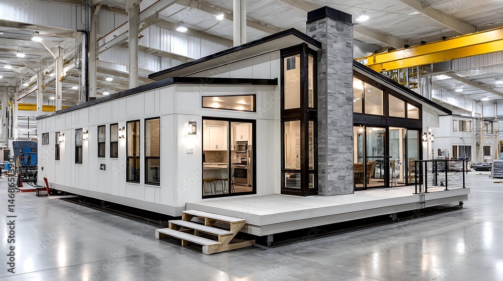 Aufkleber Modern modular home showcased inside a production facility with sleek design and efficient building processes for residential units
