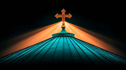 Majestic cross atop a teal dome, bathed in golden light; dramatic night scene.