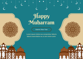 Happy Muharram Islamic New Year greeting card with Islamic ornament, lantern, mandala and crescent illustration on teal background