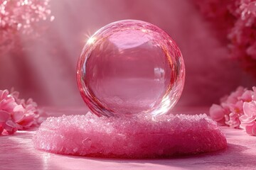 Radiant pink sphere resting on a pink cushion.