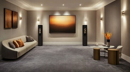 Modern home theater room with speakers and artwork.  Possible use for interior design or home audio advertising