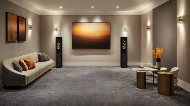 Modern home theater room with speakers and artwork.  Possible use for interior design or home audio advertising