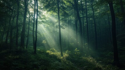Obraz premium Sunlight filtering through a dense forest.