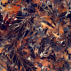 Dark fantasy leaves. Boho chic floral seamless pattern. Hand drawn endless motif in watercolour and digital. Mixed media botanical design for textile, fabric, packaging, decoupage, prints, souvenirs.