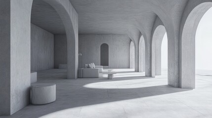 Fototapeta premium A minimalist, light-filled concrete architectural interior.