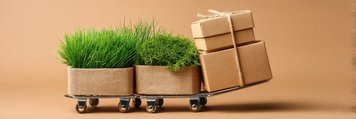 Eco Farm Delivery Setup With Grass and Labeled Cartons in a Creative Arrangement on a Simple Background Generative AI