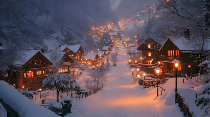 Fototapeta premium Snow Covered Village at Night with Warm Lights