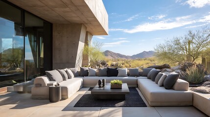 Fototapeta premium Modern outdoor lounge area with sectional sofa in a desert residence on a sunny day
