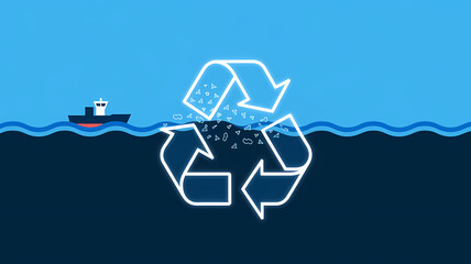 Minimalist Illustration of a Ship Collecting Ocean Plastic into a Neon Yellow Recycling Icon Floating on a Vast Blue Sea