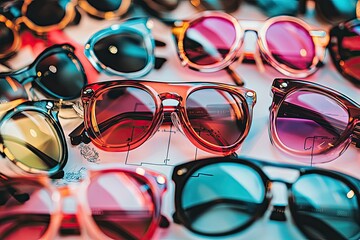 Assorted colorful sunglasses on a surface