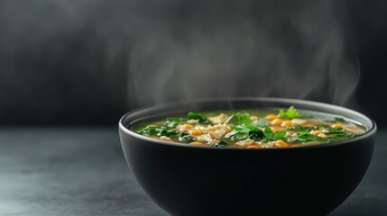 A steaming bowl of hot soup with greens and grains, served in a black bowl on a dark background.