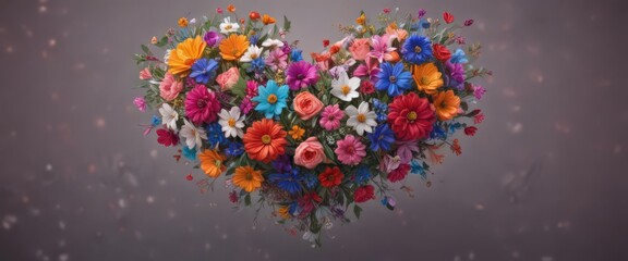 Obraz premium Whimsical hand-drawn heart overflowing with vibrant blooms and symbolic elements , cute, wedding, summer