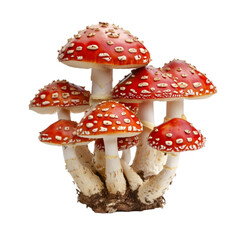 Cluster of vibrant red toadstools with white spots on dark background autumn nature scene