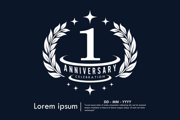 1st year anniversary celebration emblem. congratulations anniversary logo isolated with laurel wreath and stars on Black background. vector illustration template design for web,