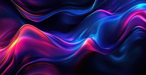 Vibrant, flowing abstract artwork with luminous, swirling colors in pink, blue, and yellow hues against a dark background