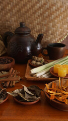Selective focus of composition of Wedang Uwuh, traditional Indonesian herbal drink that consist of...