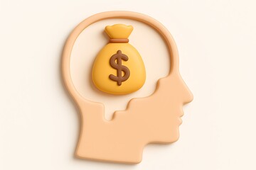 3d render beige head with money bag inside brain area symbolizing money mindset income strategy and financial awareness