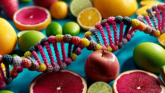 Colorful DNA double helix made of fruits on blue background - Powered by Adobe