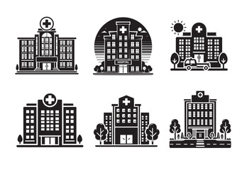 Obraz premium Hospital Building Silhouette Vector Set