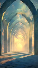 Mystical arched pathway bathed in golden light