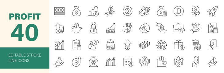 Profit icon set. Containing money, finance, growth, investment, cash, income, savings, earnings, management, pension and more. Editable line icons. Vector illustration.