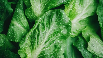 Fresh green lettuce leaves covered in water droplets, highlighting their crisp texture and vibrant color.
