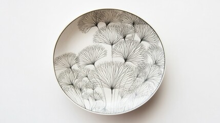 Round white dinner plate with grey floral design