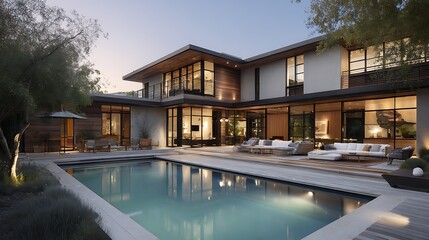 Fototapeta premium Modern two, story house featuring a pool and outdoor seating area during golden hour