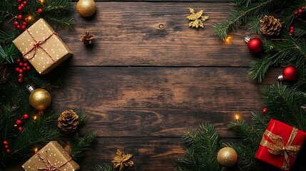Festive holiday decorations arranged on a dark wooden surface.