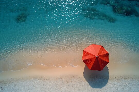 Aerial view of a red beach umbrella beside turquoise water and sandy shoreline