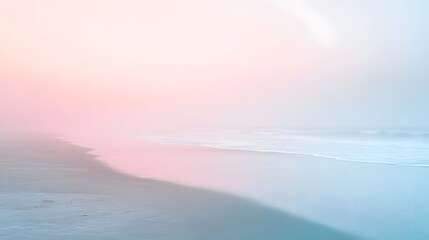 Soft Pastel Seascape Scene of Ocean Shoreline Under a Pale Pink and Blue Sky Evoking Tranquility and Serenity on a Misty Morning Backdrop